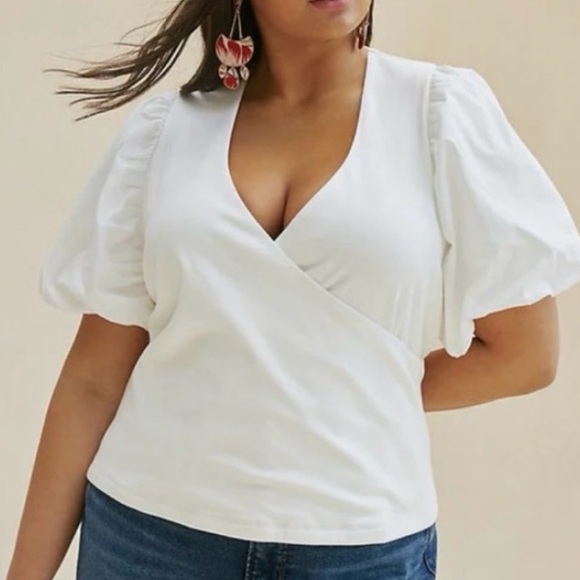 Anthropologie Tops - Anthropologie white puff sleeve wrap top great condition